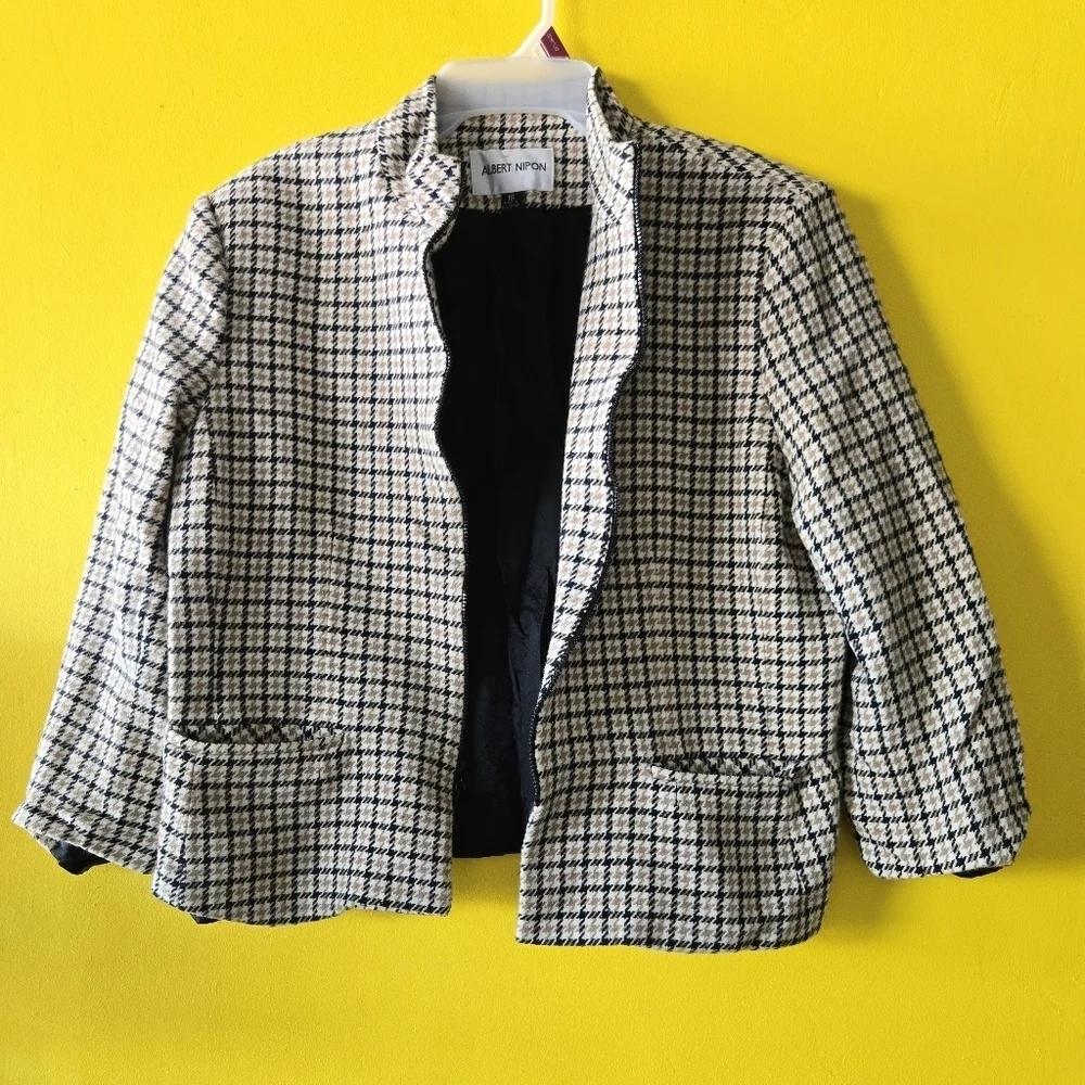 AlbertNipon Angora Wool Jacket fullzip Houndstooth sz 16/L plaid check tan Black